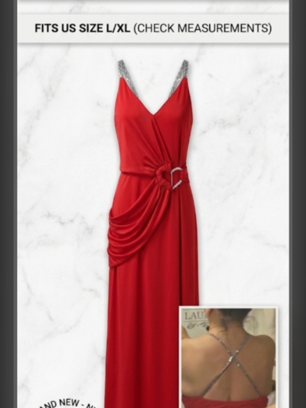 CHICME Red Maxi Dress Size Large 14 Sequin Crisscross Straps Ring Accent
